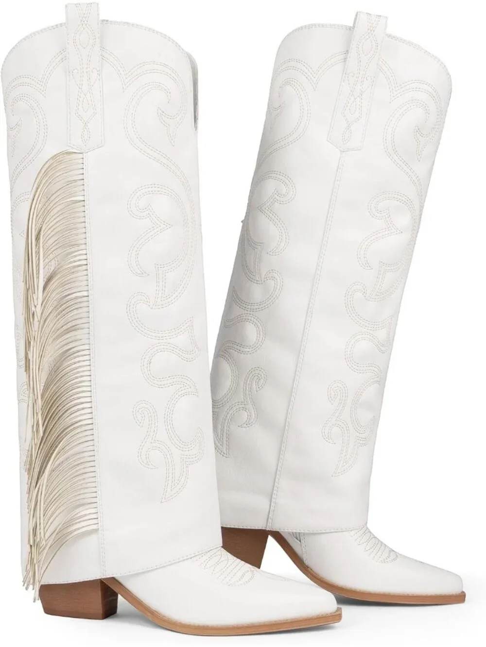 Women's White  Rubber Knee High Fold Over Half Zipper Chunky High Heel Boots
